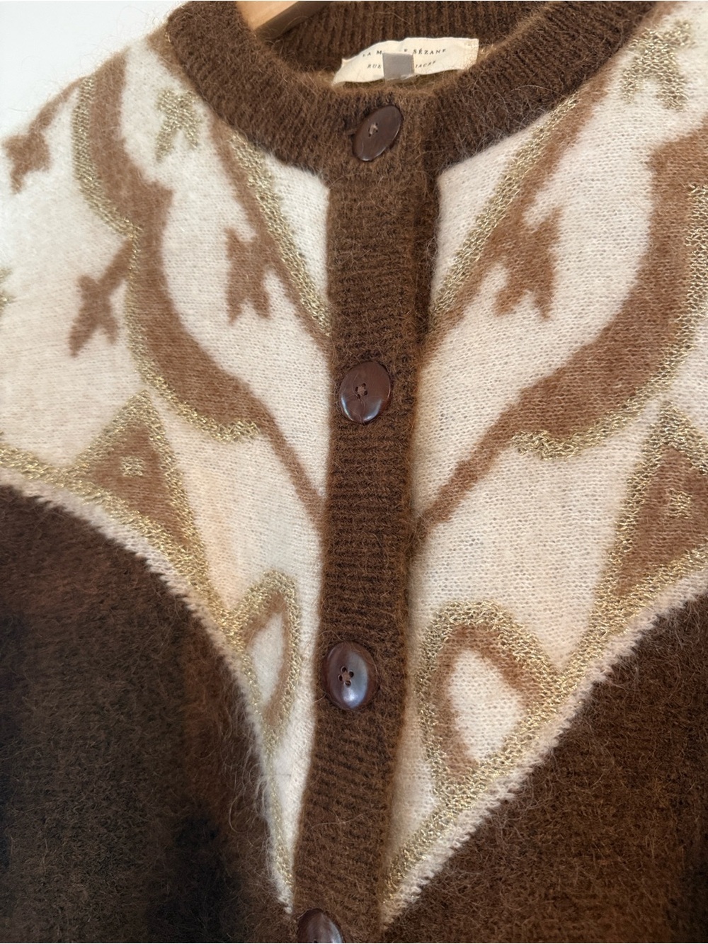 Sezane Brown and Cream Patterned Mohair Wool Blend Cardigan with Gold Metallic S - Picture 7 of 15